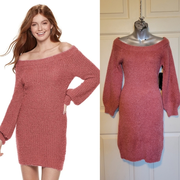 Almost Famous Eyelash Off-Shoulder Mini Sweater Dress - Picture 1 of 9